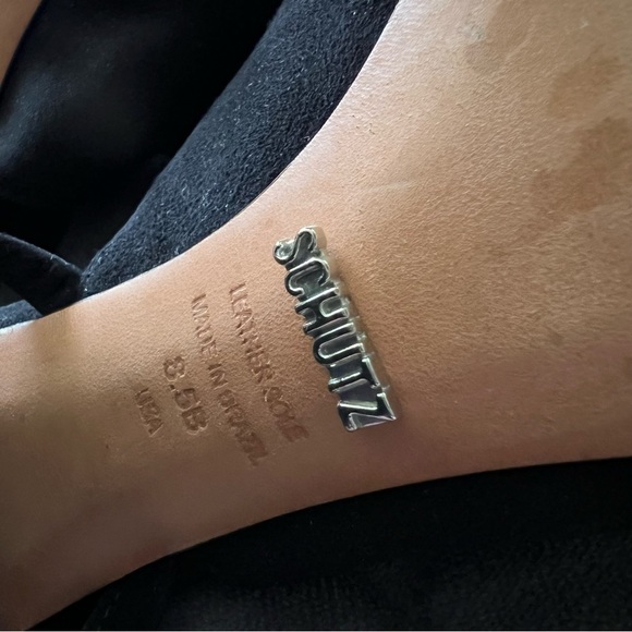 Schutz heels Women 8.5 Shoes Revolve Black Suede Tassel Block Open Toe Strappy - Picture 11 of 14